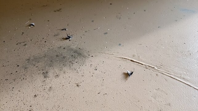 Dirty bird droppings scattered across the floor, showing unsanitary conditions, animal waste, contamination, cleaning concerns, hygiene problems, and the need for proper maintenance