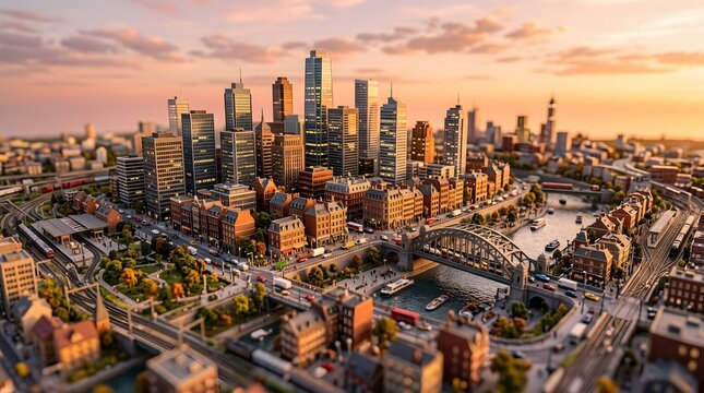 Miniature City Model with Skyscrapers, River, and Infrastructure at Sunset Tilt-Shift Effect