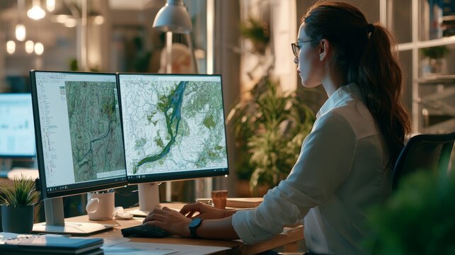Environmental scientist studying flood risk maps using computer software, analyzing water hazards and geographic data for climate research, disaster planning, environmental monitoring risk assessment