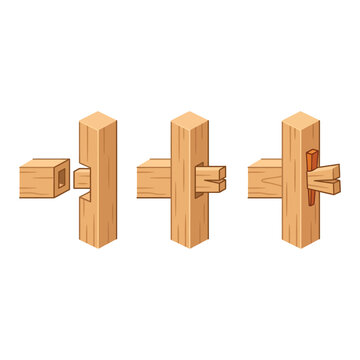Isometric Woodworking Illustration of Mortise and Tenon Joint Assembly Steps with Wedge