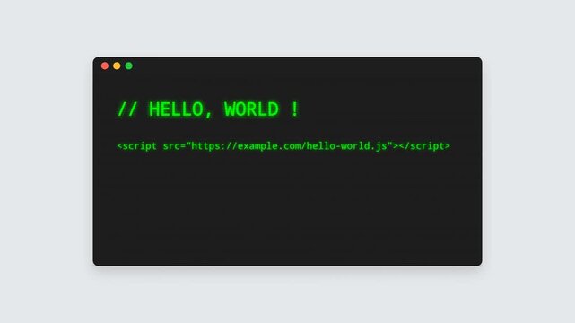 Green Code Editor Typing Animation with Hello World Comment and Script Tag Lines on Dark Window