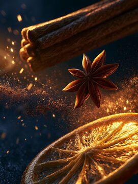 Cinematic composition of cinnamon sticks, star anise, and dried orange slice with glowing sparks