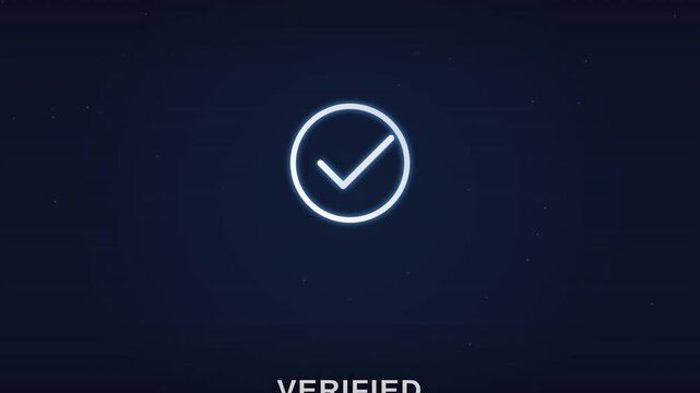 Futuristic glowing verified icon with checkmark symbol inside circle on dark digital background for cybersecurity technology interface and acceptance.