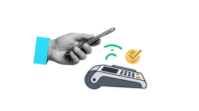 Modern electronic retail checkout transaction: human hand holding a contactless bank credit card over a wireless POS payment terminal. Modern visual element on white background template display.