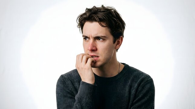 Man Biting Nails with Anxious Expression on White Background