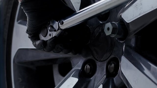 Torque wrench cracks and springs as man tightens down car lug nuts