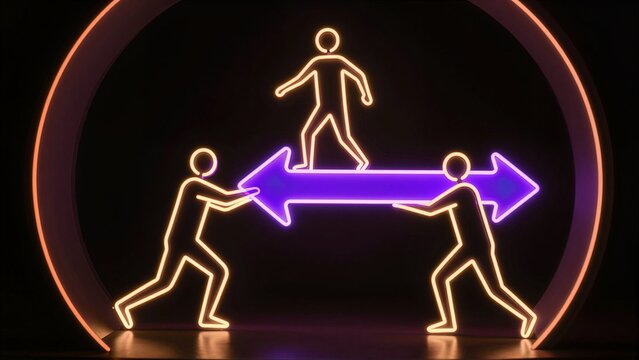 Neon figures push giant arrow, symbolizing teamwork and direction in a vibrant purple stage.