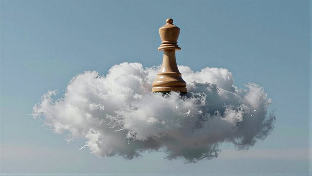 Wooden chess king floats atop fluffy cloud against clear blue sky.