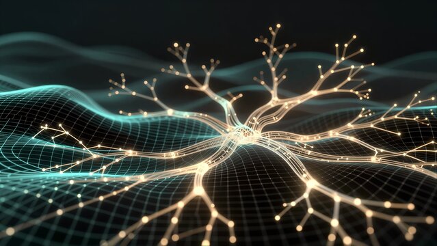 Neural network with glowing connections against a dark, wave-like digital background.