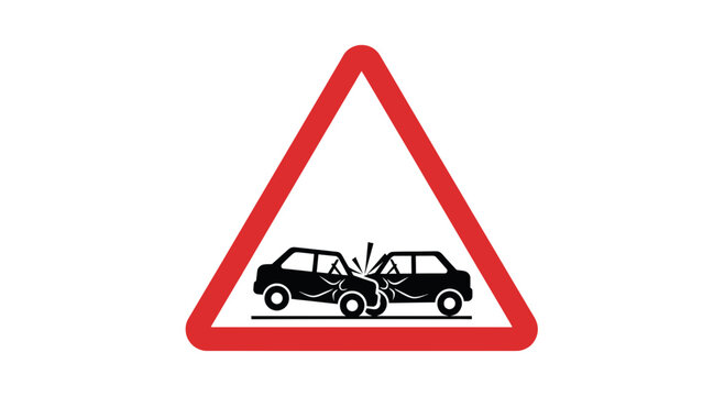 Road hazard sign with two cars colliding and warning text