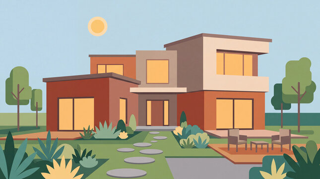 Modern residential house illustration with garden landscape and patio