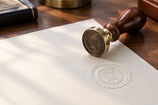 Notary stamp and embossed seal on paper, notarize legal certification and contract concept