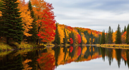 Obraz premium Autumnal forest with colorful trees reflected on a calm river.
