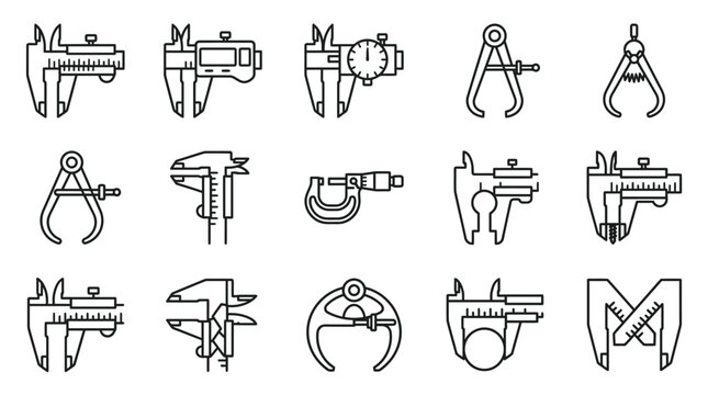 Set of precision measuring tool icons including vernier calipers and micrometers in line art style