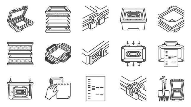 Isometric medical diagnostic equipment and AED accessory icons in linear style.