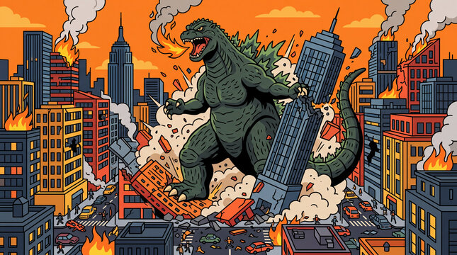Godzilla's Rampage Through a City Causing Destruction And Chaos