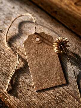 Rustic Kraft Paper Gift Tag with Jute String and Dried Flower on Old Wood Background
