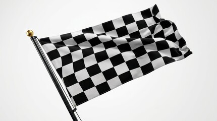 Fototapeta premium Waving Checkered Racing Flag on Pole Isolated on White Background - Symbol of Victory and Finish Line in Motorsports