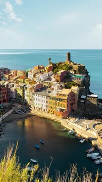 Vertical Time Lapse of the beautiful and scenic seaside village of Vernazza in Italy. One of the small towns that makes up Cinque Terre.