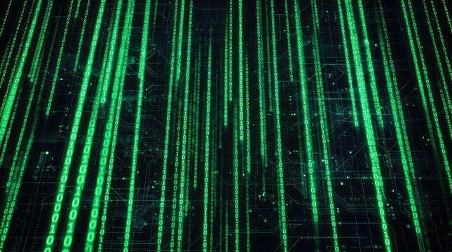 Glowing green binary code columns cascading down in a futuristic digital matrix background representing high tech data processing and cyber security concepts