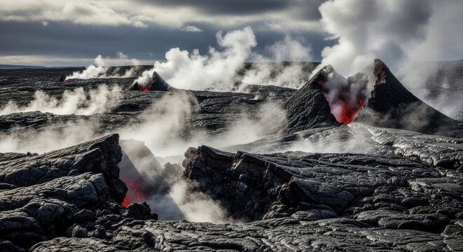 Active volcanic eruption with lava flows and ash clouds.