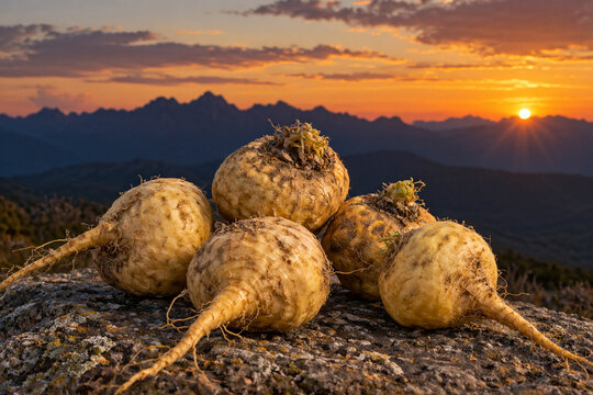 Several fresh maca roots on a rock against a silhouetted mountain range at dusk.