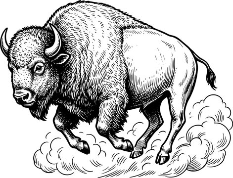 Running american bison ink drawing illustration