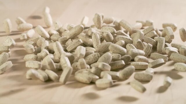 Vitamins and supplements fall onto a table in slow motion.