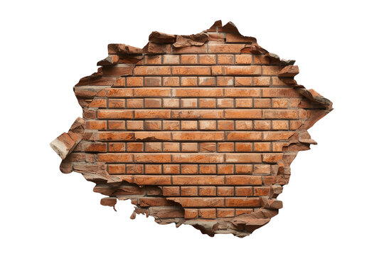 Ragged exposed brick patch surrounded by cracked plaster