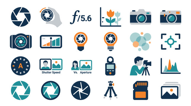 Set of photography and camera icons, including aperture, shutter speed, lenses, and digital equipment