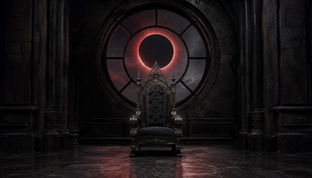 Black gothic throne beneath a glowing solar eclipse