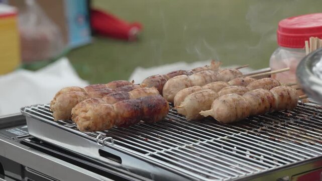 Meat skewers grilling on a street food barbecue
