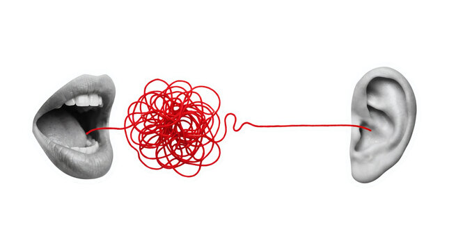 Communication barrier and psychoanalysis concept: tangled red thread string telephone connecting an open speaking mouth to a listening. Modern visual element on white background template display.