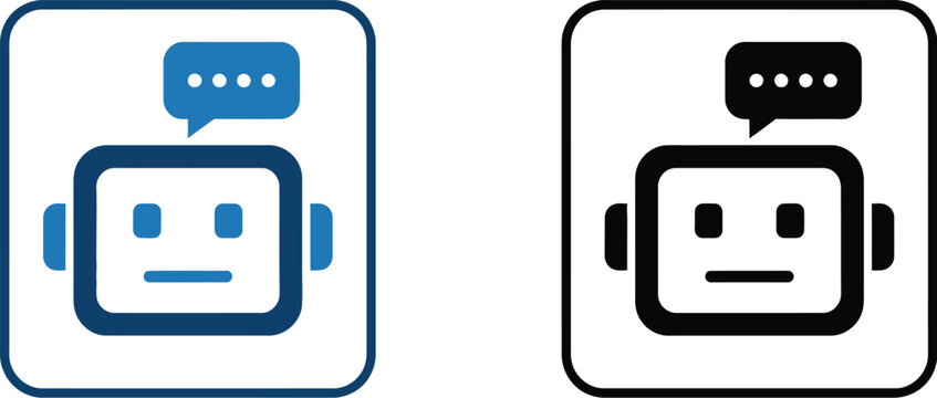 Robot chatbot icons represent automated customer support messaging systems using artificial intelligence on a plain white background.