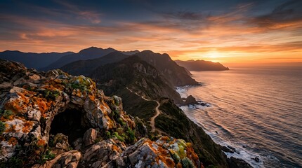 Fototapeta premium Breathtaking Coastal Sunset Over Majestic Cliffs and Mountain Range with Ocean Waves and Hiking Trail
