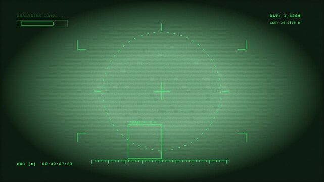 Night Vision Military Surveillance HUD with Targeting Reticle and Digital Data Overlay Interface