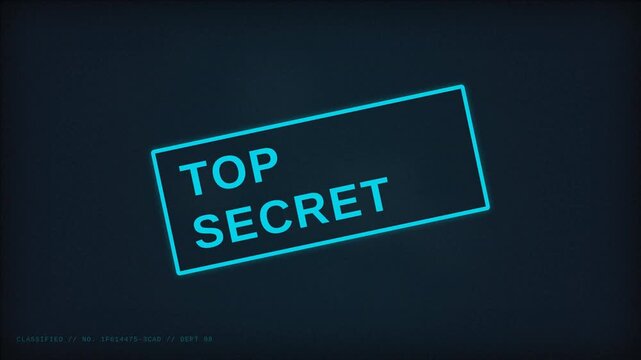 Glowing cyan top secret stamp on dark screen digital interface concept for classified information data breach and cybersecurity network.