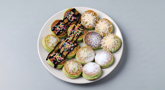 Traditional Indonesian Sweet Pancakes Kue Cubit with Chocolate Sauce and Grated Cheese Toppings on White Plate