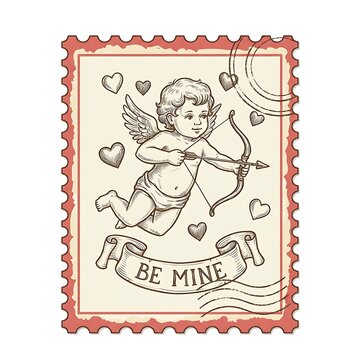 Vintage postage stamp design featuring a cute cupid holding a bow and arrow with be mine text