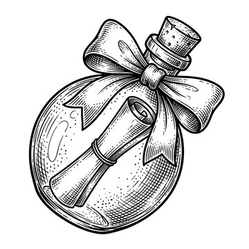 Hand drawn illustration of a glass bottle with a parchment scroll inside and a decorative ribbon bow