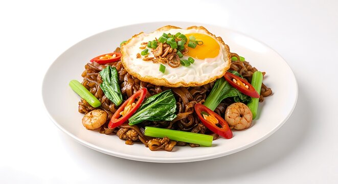 Delicious Malaysian Char Kway Teow Noodles Topped with Fried Egg and Prawns Served on White Plate for Restaurant Menu Photography