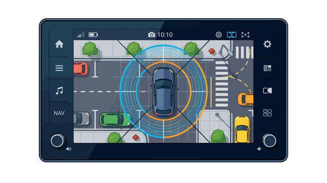 Smart Car 360 Degree Parking Assist System Infotainment Display Interface Illustration