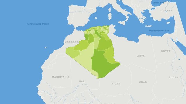 Algeria political map zoom animation over Northern Africa 4K