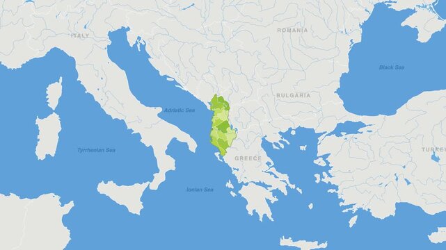 Albania political map zoom animation over Southern Europe 4K