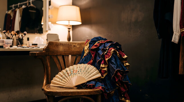 theatrical costume and hand fan on wooden chair backstage dressing room