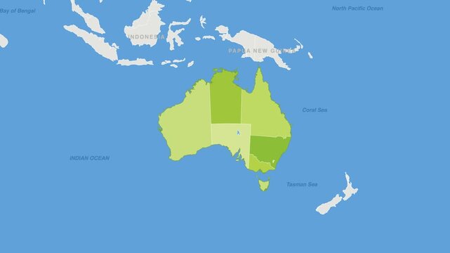 Australia political map zoom animation over Australia and New Zealand