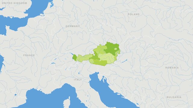 Austria political map zoom animation over Western Europe 4K