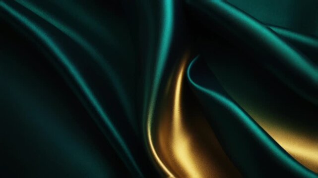 Elegant emerald green and gold silk fabric. The fabric's lustrous, soft, and fluid texture creates a luxurious, premium, and exclusive feel.