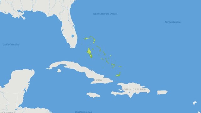 Bahamas political map zoom animation over Caribbean 4K