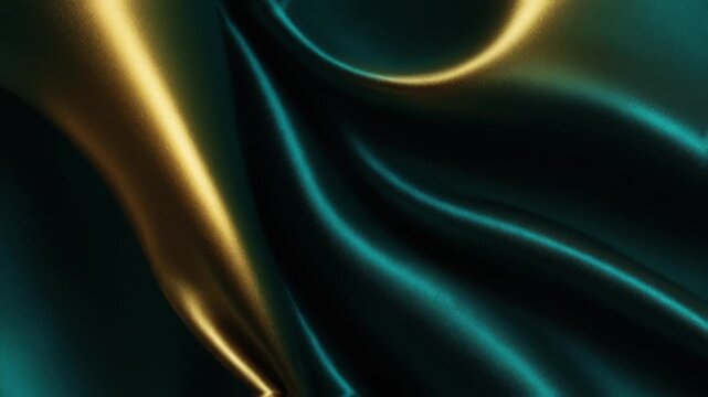 Undulating folds of silk fabric featuring a combination of emerald green (teal) and touches of luxurious gold shimmer. 